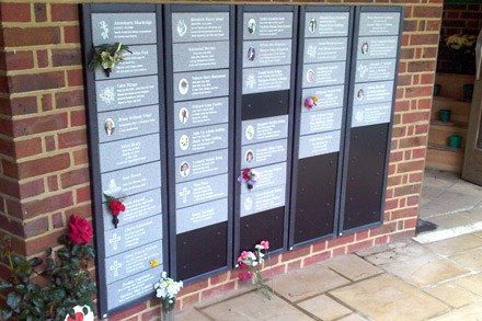 Floris memorial plaques on a wall in the crematorium grounds