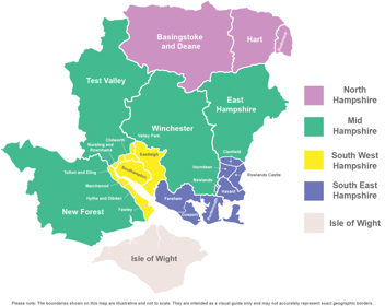 Map of Hampshire showing new council boundaries.