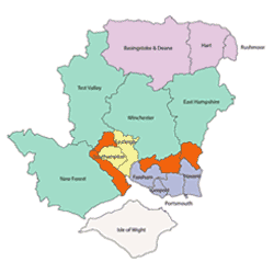 Map showing option 3 - With a number of boundary changes in the south of Hampshire