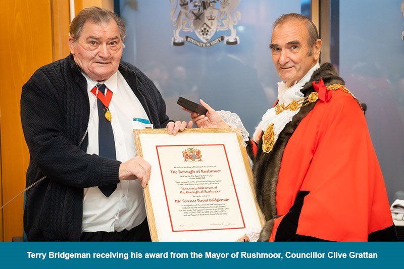 Terry Bridgeman Receiving His Award From The Mayor Of Rushmoor Councillor Clive Grattan