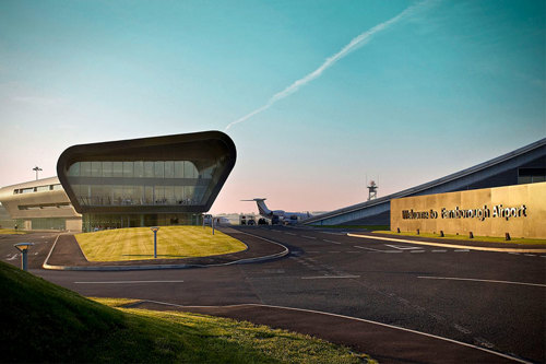 Farnborough Airport entrance with welcome sign