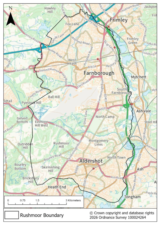 Map of the administrative area of Rushmoor