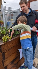 Gardening in a raised flower bed