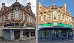 Before and after photos of a shop front improvement