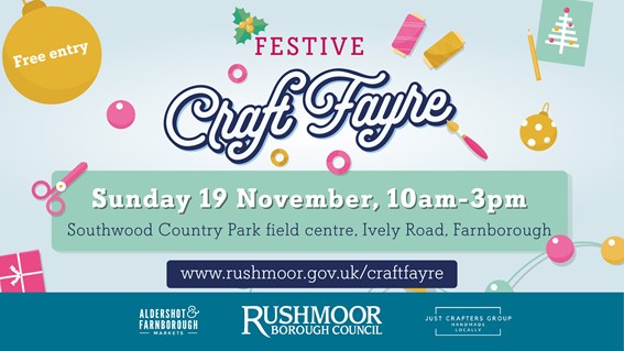 Christmas decorations, with wording: Festive Craft Fayre, Sunday 19 November, 10am to 3pm, Southwood Country Park field centre, Ively Road, Farnborough, Free entry