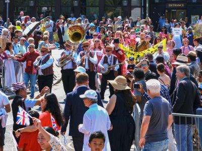 A big band and performers in the parade