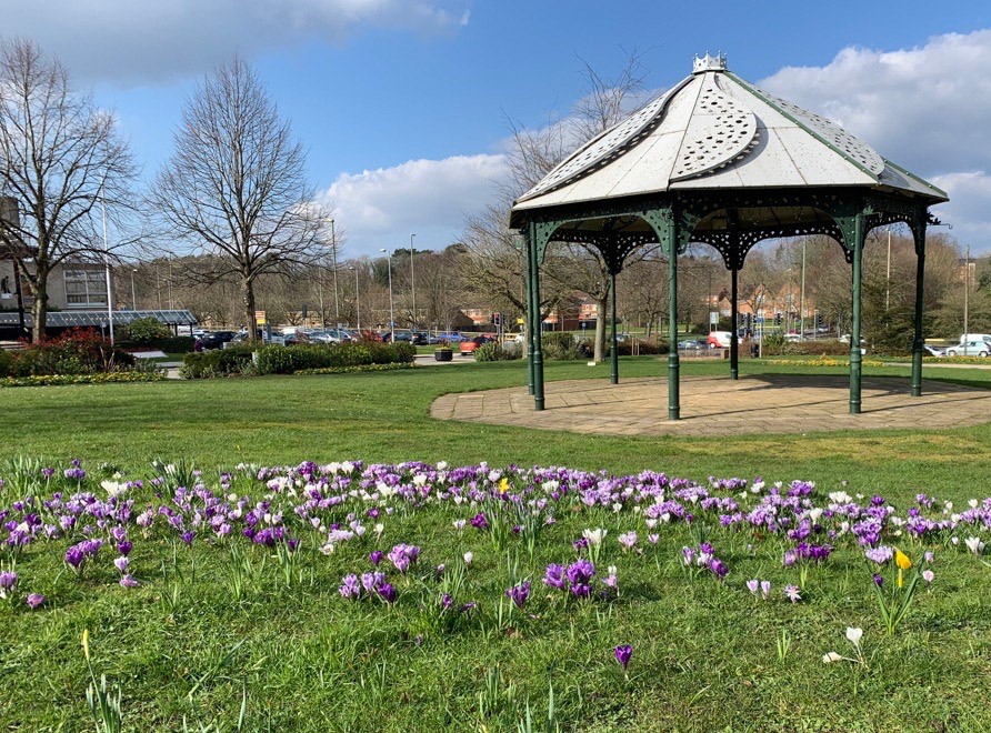Princes Gardens bandstand with spring flowers