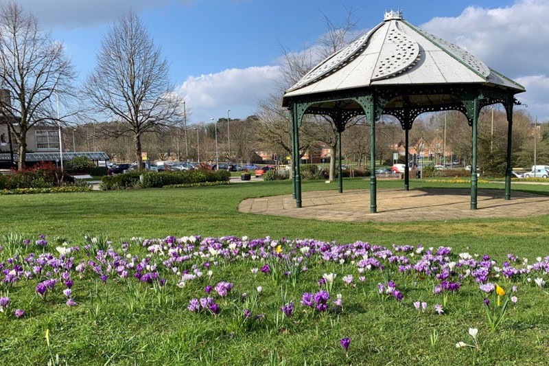 Princes Gardens bandstand with spring flowers