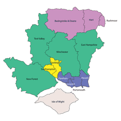 Map of option 1 - with New Forest Council part of Test Valley, Winchester and East Hampshire